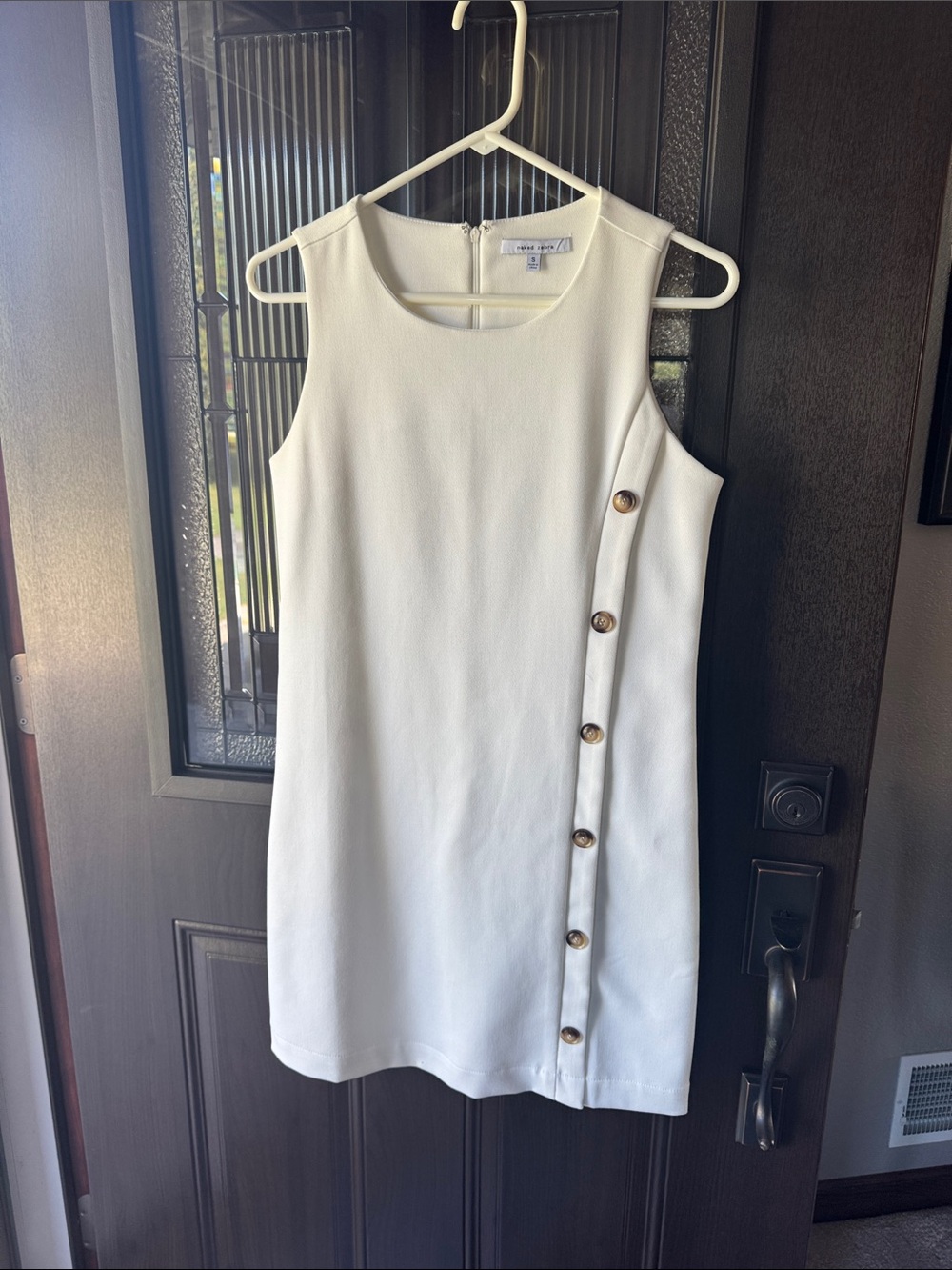 Naked Zebra Ivory Sleeveless Shift Dress with Side Button Trim